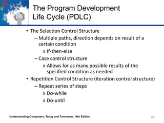 The Program Development
Life Cycle (PDLC)
• The Selection Control Structure
– Multiple paths, direction depends on result of a
certain condition
» If-then-else
– Case control structure
» Allows for as many possible results of the
specified condition as needed
• Repetition Control Structure (iteration control structure)
– Repeat series of steps
» Do-while
» Do-until
Understanding Computers: Today and Tomorrow, 14th Edition

20

 