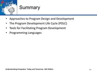 Summary
•
•
•
•

Approaches to Program Design and Development
The Program Development Life Cycle (PDLC)
Tools for Facilitating Program Development
Programming Languages

Understanding Computers: Today and Tomorrow, 14th Edition

69

 