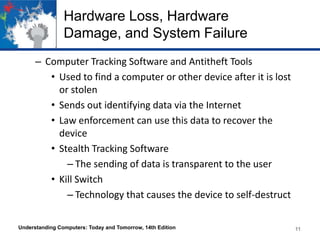 Hardware Loss, Hardware
Damage, and System Failure
– Computer Tracking Software and Antitheft Tools
• Used to find a computer or other device after it is lost
or stolen
• Sends out identifying data via the Internet
• Law enforcement can use this data to recover the
device
• Stealth Tracking Software
– The sending of data is transparent to the user
• Kill Switch
– Technology that causes the device to self-destruct
Understanding Computers: Today and Tomorrow, 14th Edition

11

 