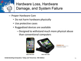 Hardware Loss, Hardware
Damage, and System Failure
– Proper Hardware Care
• Do not harm hardware physically
• Use protective cases
• Ruggedized devices are available
– Designed to withstand much more physical abuse
than conventional computers

Understanding Computers: Today and Tomorrow, 14th Edition

15

 
