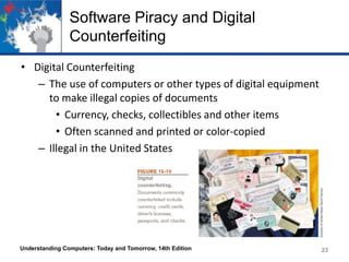 Software Piracy and Digital
Counterfeiting
• Digital Counterfeiting
– The use of computers or other types of digital equipment
to make illegal copies of documents
• Currency, checks, collectibles and other items
• Often scanned and printed or color-copied
– Illegal in the United States

Understanding Computers: Today and Tomorrow, 14th Edition

23

 