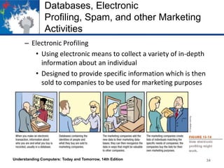 Databases, Electronic
Profiling, Spam, and other Marketing
Activities
– Electronic Profiling
• Using electronic means to collect a variety of in-depth
information about an individual
• Designed to provide specific information which is then
sold to companies to be used for marketing purposes

Understanding Computers: Today and Tomorrow, 14th Edition

34

 