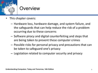 Overview
• This chapter covers:
– Hardware loss, hardware damage, and system failure, and
the safeguards that can help reduce the risk of a problem
occurring due to these concerns
– Software piracy and digital counterfeiting and steps that
are being taken to prevent these computer crimes
– Possible risks for personal privacy and precautions that can
be taken to safeguard one’s privacy
– Legislation related to computer security and privacy

Understanding Computers: Today and Tomorrow, 14th Edition

4
4

 