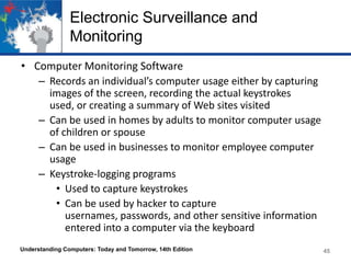 Electronic Surveillance and
Monitoring
• Computer Monitoring Software
– Records an individual’s computer usage either by capturing
images of the screen, recording the actual keystrokes
used, or creating a summary of Web sites visited
– Can be used in homes by adults to monitor computer usage
of children or spouse
– Can be used in businesses to monitor employee computer
usage
– Keystroke-logging programs
• Used to capture keystrokes
• Can be used by hacker to capture
usernames, passwords, and other sensitive information
entered into a computer via the keyboard
Understanding Computers: Today and Tomorrow, 14th Edition

45

 