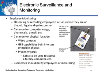Electronic Surveillance and
Monitoring
• Employee Monitoring
– Observing or recording employees’ actions while they are on
the job; legal and quite common
– Can monitor computer usage,
phone calls, e-mail, etc.
– Can monitor physical location
• Video cameras
• GPS capabilities built into cars
or mobile phones
• Proximity cards
– Can also be used to access
a facility, computer, etc.
– Businesses should notify employees of monitoring
Understanding Computers: Today and Tomorrow, 14th Edition

49

 