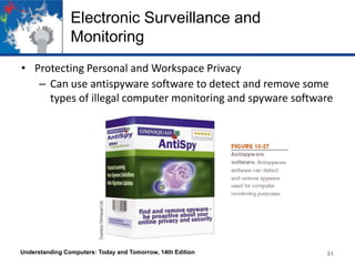 Electronic Surveillance and
Monitoring
• Protecting Personal and Workspace Privacy
– Can use antispyware software to detect and remove some
types of illegal computer monitoring and spyware software

Understanding Computers: Today and Tomorrow, 14th Edition

51

 