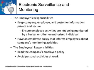 Electronic Surveillance and
Monitoring
– The Employer’s Responsibilities
• Keep company, employee, and customer information
private and secure
– Ensure employee activities are not being monitored
by a hacker or other unauthorized individual
• Have an employee policy that informs employees about
company’s monitoring activities

– The Employees’ Responsibilities
• Read the company’s employee policy
• Avoid personal activities at work
Understanding Computers: Today and Tomorrow, 14th Edition

52

 