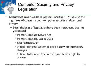 Computer Security and Privacy
Legislation
• A variety of laws have been passed since the 1970s due to the
high level of concern about computer security and personal
privacy
– Several pieces of legislation have been introduced but not
yet passed
• Do Not Track Me Online Act
• Do Not Track Kids Act of 2011
• Best Practices Act
• Difficult for legal system to keep pace with technology
changes
• Difficult to balance freedom of speech with right to
privacy
Understanding Computers: Today and Tomorrow, 14th Edition

53

 