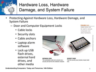 Hardware Loss, Hardware
Damage, and System Failure
• Protecting Against Hardware Loss, Hardware Damage, and
System Failure
– Door and Computer Equipment Locks
• Cable locks
• Security slots
• Cable anchors
• Laptop alarm
software
• Lock up USB
flash drives,
external hard
drives, and
other media
Understanding Computers: Today and Tomorrow, 14th Edition

9

 