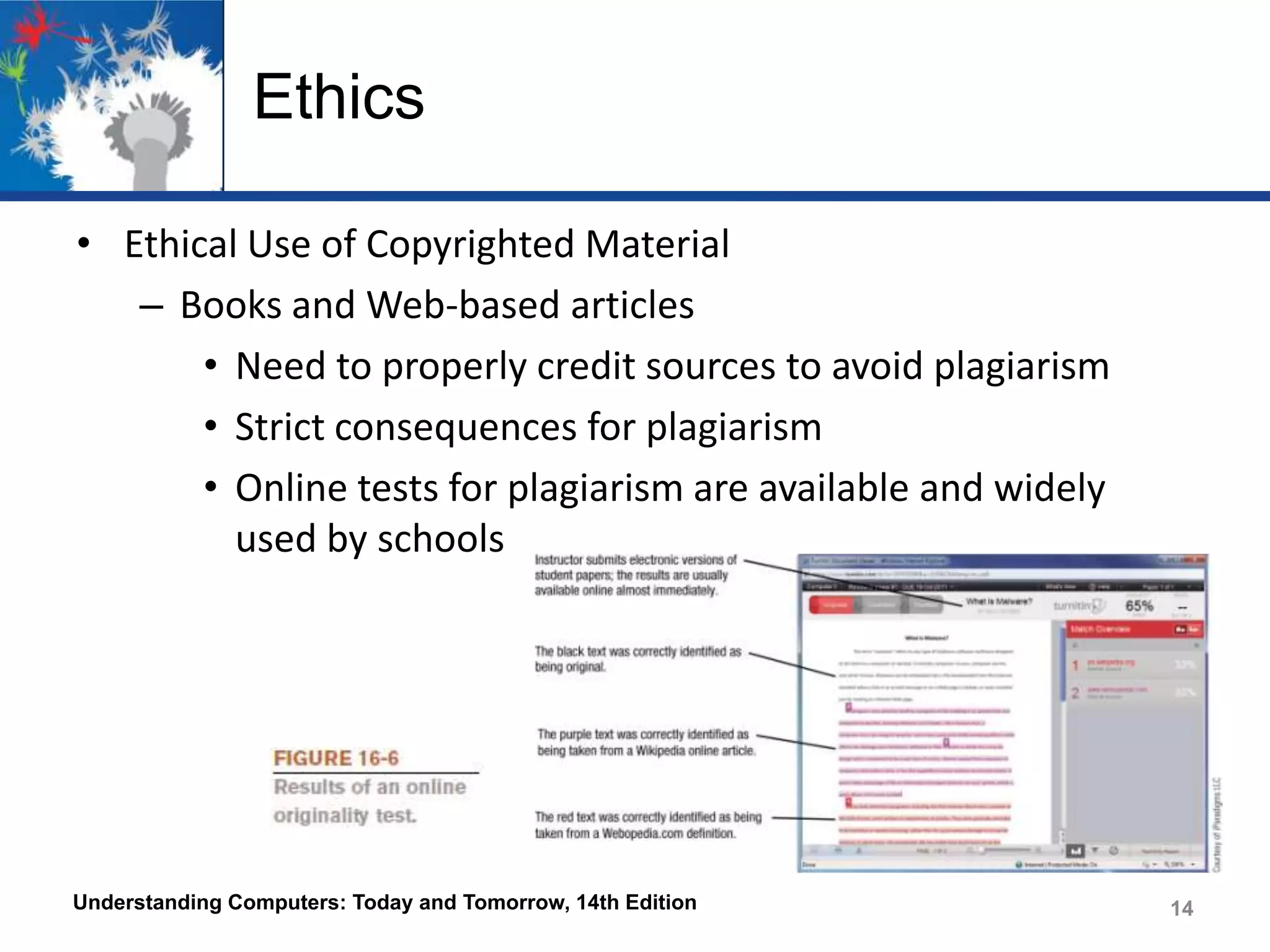 Ethics
• Ethical Use of Copyrighted Material
– Books and Web-based articles
• Need to properly credit sources to avoid plagiarism
• Strict consequences for plagiarism
• Online tests for plagiarism are available and widely
used by schools

Understanding Computers: Today and Tomorrow, 14th Edition

14

 