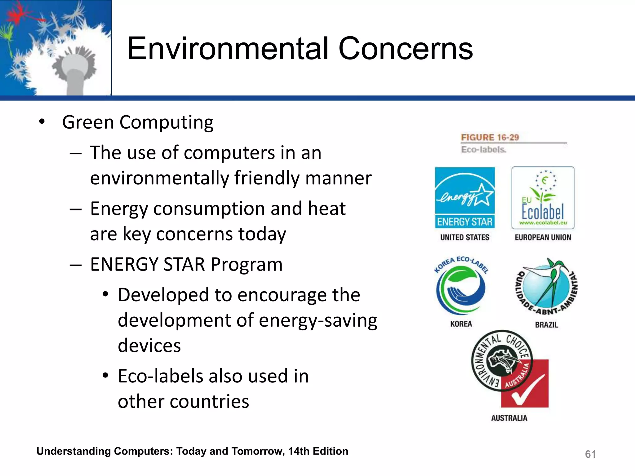 Environmental Concerns
• Green Computing
– The use of computers in an
environmentally friendly manner
– Energy consumption and heat
are key concerns today
– ENERGY STAR Program
• Developed to encourage the
development of energy-saving
devices
• Eco-labels also used in
other countries
Understanding Computers: Today and Tomorrow, 14th Edition

61

 