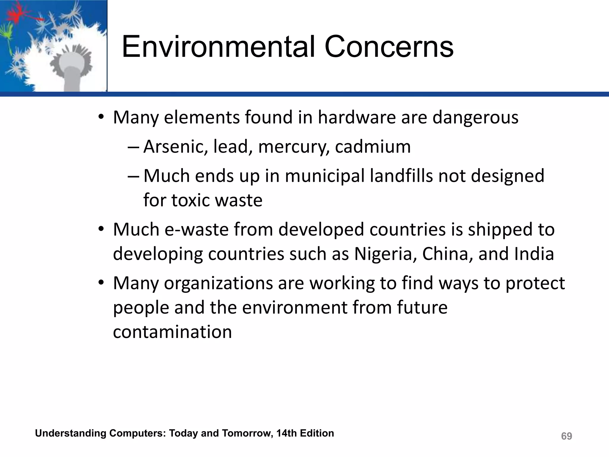 Environmental Concerns
• Many elements found in hardware are dangerous
– Arsenic, lead, mercury, cadmium
– Much ends up in municipal landfills not designed
for toxic waste
• Much e-waste from developed countries is shipped to
developing countries such as Nigeria, China, and India
• Many organizations are working to find ways to protect
people and the environment from future
contamination

Understanding Computers: Today and Tomorrow, 14th Edition

69

 