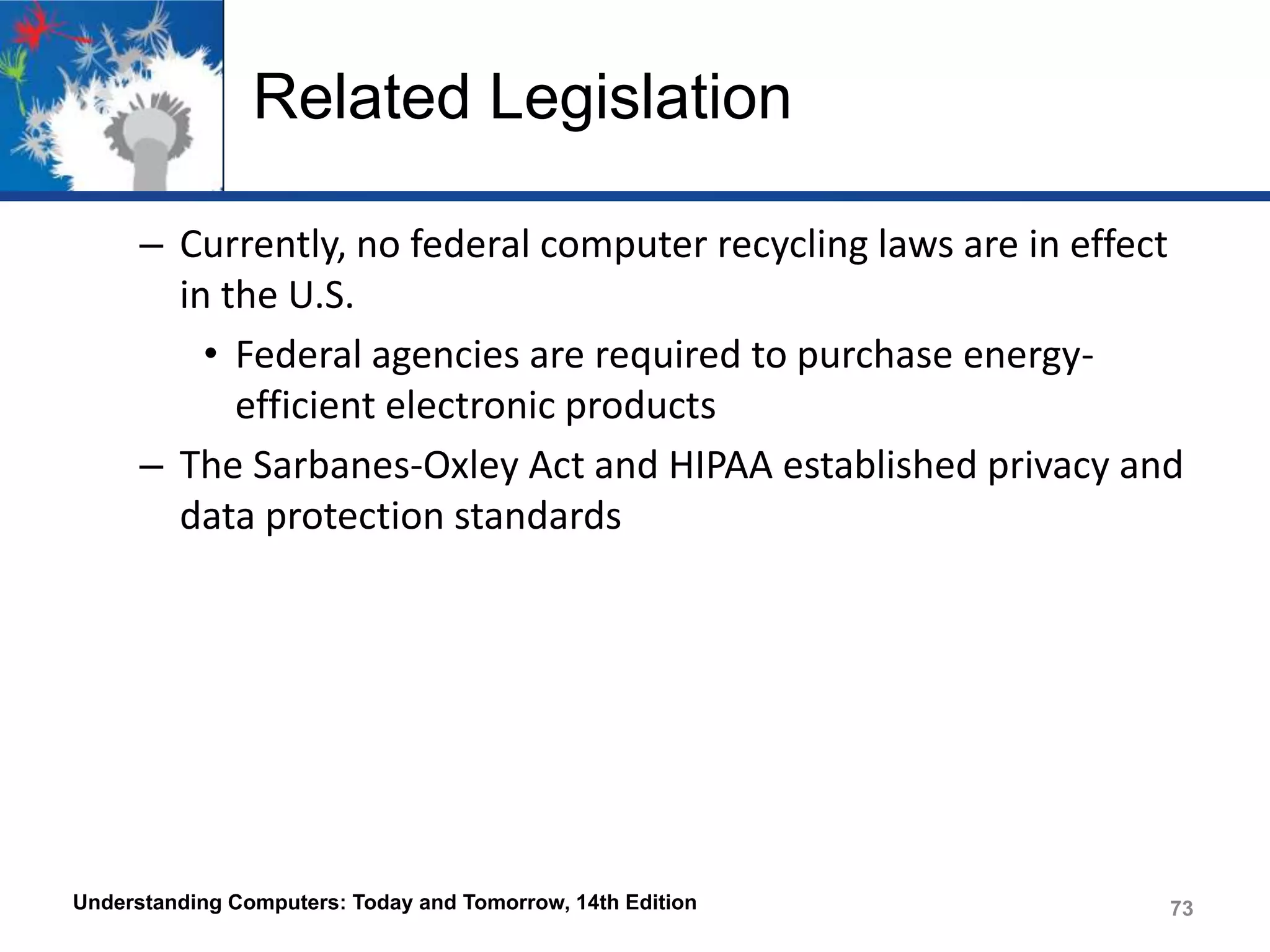 Related Legislation
– Currently, no federal computer recycling laws are in effect
in the U.S.
• Federal agencies are required to purchase energyefficient electronic products
– The Sarbanes-Oxley Act and HIPAA established privacy and
data protection standards

Understanding Computers: Today and Tomorrow, 14th Edition

73

 