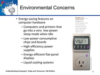 Environmental Concerns
• Energy-saving features on
computer hardware
– Computers and printers that
go into a very low-power
sleep mode when idle
– Low-power consumptive
chips and boards
– High-efficiency power
supplies
– Energy-efficient flat-panel
displays
– Liquid cooling systems
Understanding Computers: Today and Tomorrow, 14th Edition

63

 