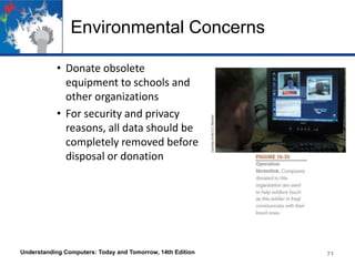 Environmental Concerns
• Donate obsolete
equipment to schools and
other organizations
• For security and privacy
reasons, all data should be
completely removed before
disposal or donation

Understanding Computers: Today and Tomorrow, 14th Edition

71

 