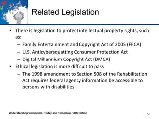 Related Legislation
• There is legislation to protect intellectual property rights, such
as:
– Family Entertainment and Copyright Act of 2005 (FECA)
– U.S. Anticybersquatting Consumer Protection Act
– Digital Millennium Copyright Act (DMCA)
• Ethical legislation is more difficult to pass
– The 1998 amendment to Section 508 of the Rehabilitation
Act requires federal agency information be accessible to
persons with disabilities

Understanding Computers: Today and Tomorrow, 14th Edition

72

 