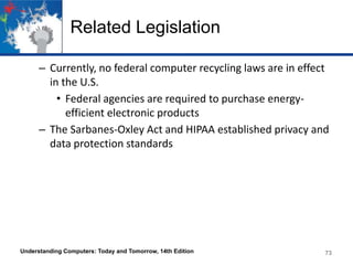 Related Legislation
– Currently, no federal computer recycling laws are in effect
in the U.S.
• Federal agencies are required to purchase energyefficient electronic products
– The Sarbanes-Oxley Act and HIPAA established privacy and
data protection standards

Understanding Computers: Today and Tomorrow, 14th Edition

73

 