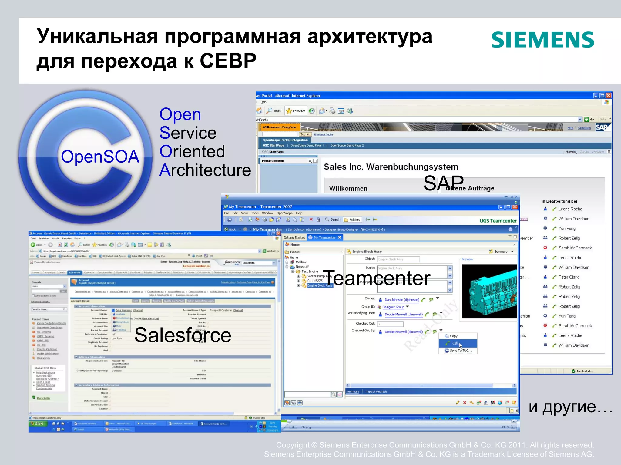 Уникальная программная архитектура
для перехода к CEBP

            Open
            Service
  OpenSOA   Oriented
            Architecture
                                                                     SAP



                                          Teamcenter

        Salesforce


                                                                                                  и другие…

                              Copyright © Siemens Enterprise Communications GmbH & Co. KG 2011. All rights reserved.
                           Siemens Enterprise Communications GmbH & Co. KG is a Trademark Licensee of Siemens AG.
 