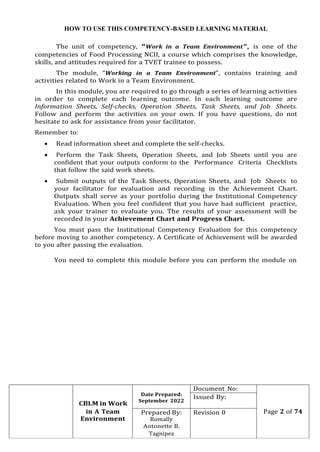 CBLM in Work
Date Prepared:
September 2022
Document No:
Page 2 of 74
Issued By:
in A Team
Environment
Prepared By:
Romally...