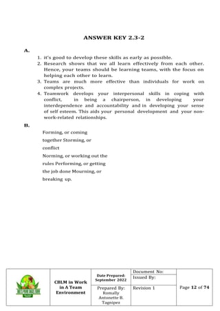 CBLM in Work
in A Team
Environment
Date Prepared:
September 2022
Document No:
Page 12 of 74
Issued By:
Prepared By:
Romall...
