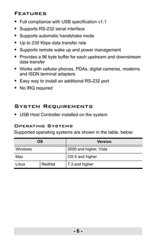 - 6 -
Features
Š Full compliance with USB specification v1.1
Š Supports RS-232 serial interface
Š Supports automatic handshake mode
Š Up to 230 Kbps data transfer rate
Š Supports remote wake up and power management
Š Provides a 96 byte buffer for each upstream and downstream
data transfer
Š Works with cellular phones, PDAs, digital cameras, modems
and ISDN terminal adapters
Š Easy way to install an additional RS-232 port
Š No IRQ required
System Requirements
Š USB Host Controller installed on the system
Operating Systems
Supported operating systems are shown in the table, below:
OS Version
Windows 2000 and higher, Vista
Mac OS 9 and higher
Linux RedHat 7.3 and higher
uc232a.fm Page 6 Monday, July 23, 2007 3:36 PM
 