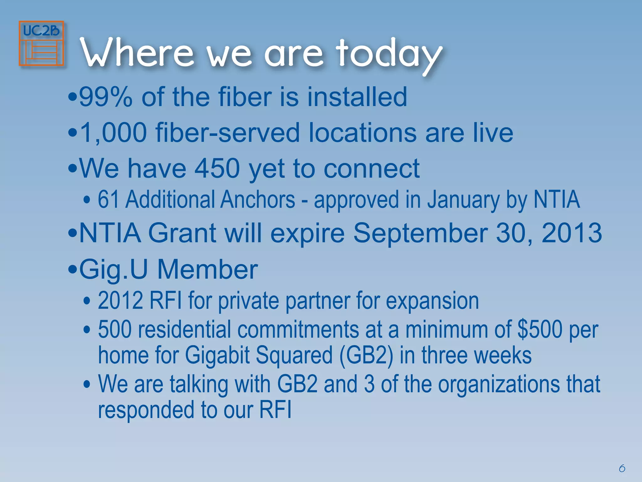 Where we are today
•99% of the fiber is installed
•1,000 fiber-served locations are live
•We have 450 yet to connect
• 61 Additional Anchors - approved in January by NTIA
•NTIA Grant will expire September 30, 2013
•Gig.U Member
• 2012 RFI for private partner for expansion
• 500 residential commitments at a minimum of $500 per
home for Gigabit Squared (GB2) in three weeks
• We are talking with GB2 and 3 of the organizations that
responded to our RFI
6
 