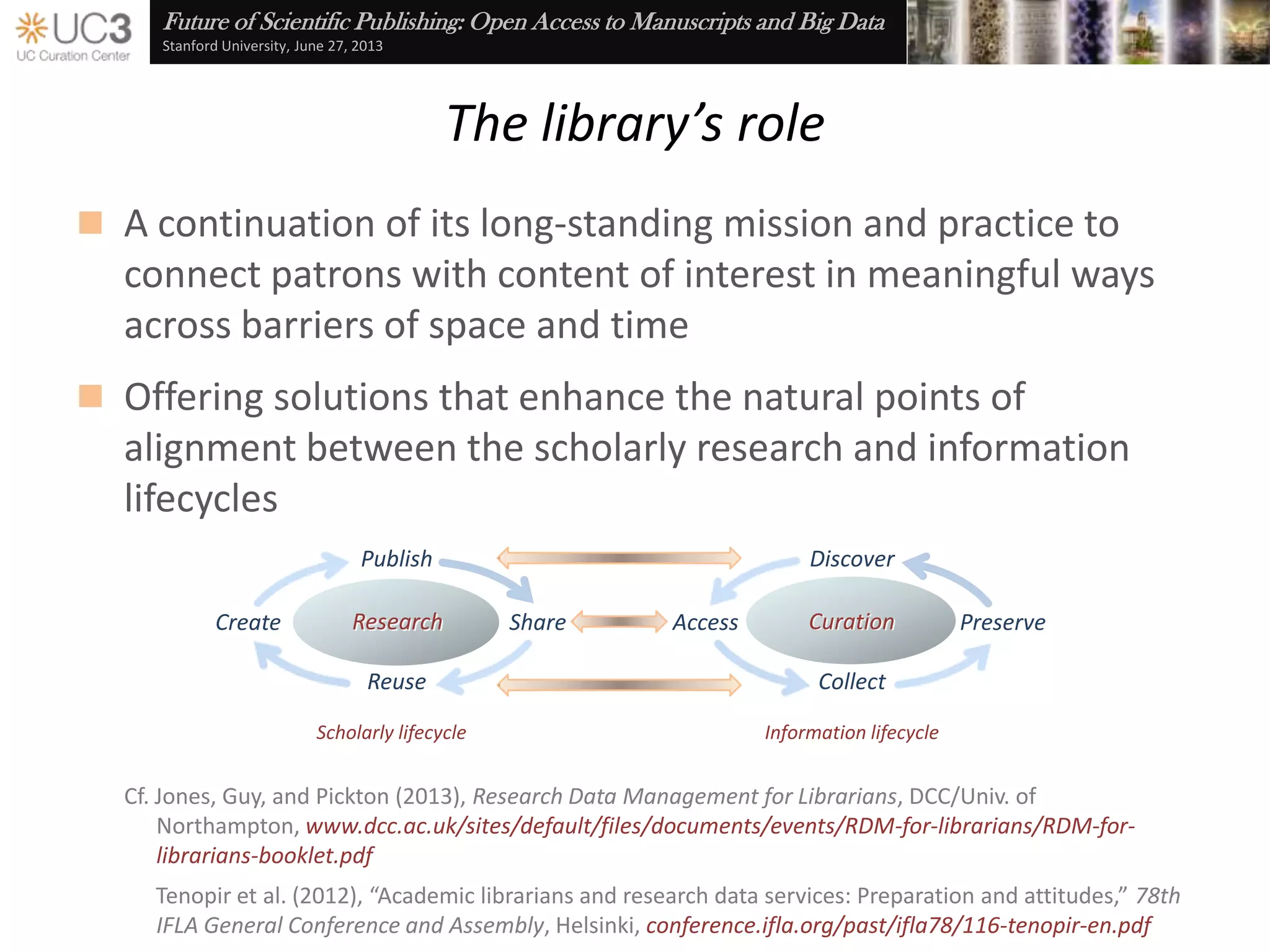 Future of Scientific Publishing: Open Access to Manuscripts and Big Data
Stanford University, June 27, 2013
The library’s role
 A continuation of its long-standing mission and practice to
connect patrons with content of interest in meaningful ways
across barriers of space and time
Cf. Tenopir et al. (2012), “Academic librarians and research data services: Preparation and attitudes,” 78th
IFLA General Conference and Assembly, Helsinki, conference.ifla.org/past/ifla78/116-tenopir-en.pdf
 Offering solutions that enhance the natural points of
alignment between the scholarly research and information
lifecycles
Publish
Reuse
ShareCreate
Discover
Collect
PreserveAccessResearchResearch CurationCuration
Scholarly lifecycle Information lifecycle
 