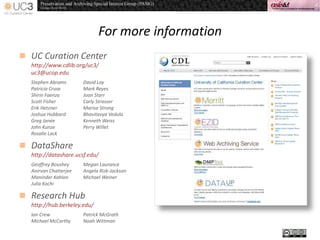 For more information
 UC Curation Center
http://www.cdlib.org/uc3/
uc3@ucop.edu
Stephen Abrams David Loy
Patricia Cruse Mark Reyes
Shirin Faenza Joan Starr
Scott Fisher Carly Strasser
Erik Hetzner Marisa Strong
Joshua Hubbard Bhavitavya Vedula
Greg Janée Kenneth Weiss
John Kunze Perry Willet
Rosalie Lack
 DataShare
http://datashare.ucsf.edu/
Geoffrey Boushey Megan Laurance
Anirvan Chatterjee Angela Rizk-Jackson
Maninder Kahlon Michael Weiner
Julia Kochi
 Research Hub
http://hub.berkeley.edu/
Ian Crew Patrick McGrath
Michael McCarthy Noah Wittman
 