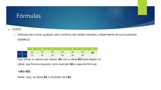 Fórmulas
 SOMA
 Utilizada para somar qualquer valor numérico das células indicadas, independente de sua localização.
EXEMPLO:
Para somar os valores das células A1 com a célula D2 basta digitar na
célula que ficará a resposta, como exemplo G1 a seguinte fórmula:
=(A1+D2)
Neste caso, na célula G1 o resultado será 62.
A B C D E F G
1 12 13 14 15 16 17 62
2 21 43 30 50 26 39
 