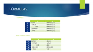 FÓRMULAS
EXEMPLO:
C A B
1 BIANCA =ARRUMAR(A1)
2 CARLOS =ARRUMAR(A2)
3 JOSÉ =ARRUMAR(A3)
4 LEONARDO =ARRUMAR(A4)
5 TAÍS =ARRUMAR(A5)
C A B
1 BIANCA BIANCA
2 CARLOS CARLOS
3 JOSÉ JOSÉ
4 LEONARDO LEONARDO
5 TAÍS TAÍS
VEJA O RESULTADO:
 