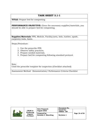 CBLM in
Producing
Organic
Fertilizer
Date Prepared:
August 2022
Document No.
Issued by:
TESDA - DN
Page 18 of 54
Prepared ...