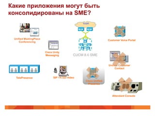 Какие приложения могут быть
консолидированы на SME?
                                                          IP
                                                         ТСОП


                                                  CUBE         CUBE




 Unified MeetingPlace
                                                                           Customer Voice Portal
     Conferencing



                        Cisco Unity
                        Messaging             CUCM 8.6 SME

                                                                           Unified Customer
                                                                                Contact


  TelePresence                SIP / H.323 Video
                                                           Cisco Unified
                                                             Presence



                                                                              Attendant Console
 