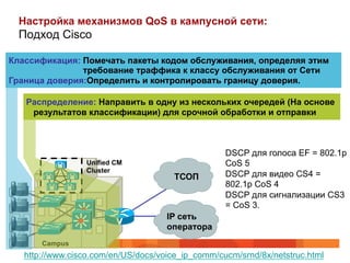 Настройка механизмов QoS в кампусной сети:
  Подход Cisco

Классификация: Помечать пакеты кодом обслуживания, определяя этим
               требование траффика к классу обслуживания от Сети
Граница доверия:Определить и контролировать границу доверия.

   Распределение: Направить в одну из нескольких очередей (На основе
    результатов классификации) для срочной обработки и отправки



                                                   DSCP для голоса EF = 802.1p
                 Unified CM                        CoS 5
                 Cluster
                                       ТСОП        DSCP для видео CS4 =
                                                   802.1p CoS 4
                                                   DSCP для сигнализации CS3
                                                   = CoS 3.
                                     IP сеть
                                     оператора
       Campus
   http://www.cisco.com/en/US/docs/voice_ip_comm/cucm/srnd/8x/netstruc.html
 