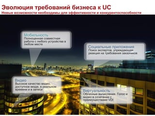 Эволюция требований бизнеса к UC
Новые возможности необходимы для эффективности и конкурентоспособности




           Мобильность
           Полноценная совместная
           работа с любого устройства в
           любом месте
                                             Социальные приложения
                                             Поиск экспертов, упреждающая
                                             реакция на требования заказчиков




      Видео
      Высокое качество видео,
      доступное везде, в реальном
      времени и в записи                  Виртуальность
                                          Облачные вычисления. Голос и
                                          видео в сочетании с
                                          преимуществами VDI
 