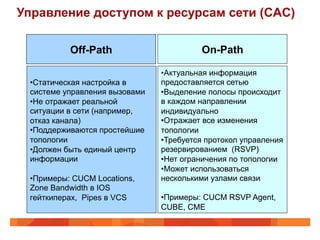 Управление доступом к ресурсам сети (CAC)

          Off-Path                       On-Path

                               • Актуальная информация
 • Статическая настройка в     предоставляется сетью
 системе управления вызовами   • Выделение полосы происходит
 • Не отражает реальной        в каждом направлении
 ситуации в сети (например,    индивидуально
 отказ канала)                 • Отражает все изменения
 • Поддерживаются простейшие   топологии
 топологии                     • Требуется протокол управления
 • Должен быть единый центр    резервированием (RSVP)
 информации                    • Нет ограничения по топологии
                               • Может использоваться
 • Примеры: CUCM Locations,    несколькими узлами связи
 Zone Bandwidth в IOS
 гейткиперах, Pipes в VCS      • Примеры: CUCM RSVP Agent,
                               CUBE, CME
 