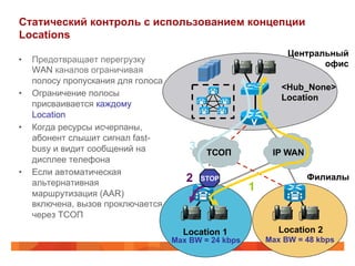 Статический контроль с использованием концепции
Locations
                                                                 Центральный
•    Предотвращает перегрузку                                           офис
     WAN каналов ограничивая
     полосу пропускания для голоса
                                                               <Hub_None>
•    Ограничение полосы                                        Location
     присваивается каждому
     Location
•    Когда ресурсы исчерпаны,
     абонент слышит сигнал fast-
     busy и видит сообщений на           3    ТСОП           IP WAN
     дисплее телефона
•    Если автоматическая
     альтернативная                     2    STOP                     Филиалы
     маршрутизация (AAR)
                                                        1
     включена, вызов проключается
     через ТСОП
                                       Location 1              Location 2
                                     Max BW = 24 kbps       Max BW = 48 kbps
 