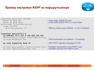 Пример настройки RSVP на маршрутизаторе


class-map match-any IPC-RTP
  match ip dscp ef                          ! Voice traffic (DSCP EF) and
  match ip dscp af41                        ! Video traffic (DSCP AF41) in same class!
policy-map VoiceVideo-Policy
  class IPC-RTP
    priority percent 33                     ! Defines priority queue (Bitrate + L2 & L3 headers)
!
!
interface Serial0/0/1:0
  ip address 10.2.101.5 255.255.255.252
  service-policy output VoiceVideo-Policy
  ip rsvp bandwidth 506                     ! RSVP bandwidth pool (Bitrate + L3 headers)

  ip rsvp signaling dscp 26                 ! Sets RSVP signaling messages to CS3

  ip rsvp data-packet classification none   ! Disables classification at the RSVP Layer
  ip rsvp resource-provider none            ! Disables queuing at the RSVP Layer
 