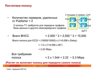 Посчитаем полосу


                                                           2 площадки, 2 сервера - CoW
 •        Количество серверов, удаленных                   PUB                     Sub
          от Publisher = 2
           2 полосы T1 требуется для передачи трафика                              Sub
           базы данных и другого межсерверного трафика.
                                                                            2хT1

 •        Всего BHCC                   = 2,500 * 3 + 2,500 * 3 = 15,000
          Всего полоса для ICCS = (15000/10000) х (1+0.006 х Delay)
                                 = 1.5 х (1+0.006 х 801)
                                 = 2.22 Mbps

 •  Вся требуемая
    полоса                             = 2 х 1.544 + 2.22 ~ 5.3 Mbps
(Расчет не включает полосу для передачи самого голоса)

1 макс.   задержка=80 ms
 