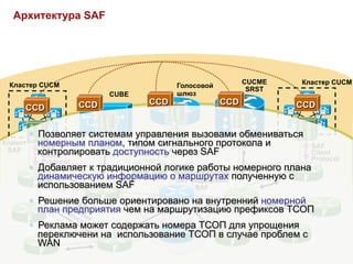 Архитектура SAF




 Кластер CUCM                                           CUCME   Кластер CUCM
                                      Голосовой
                                                         SRST
                         CUBE         шлюз
                   CCD          CCD               CCD           CCD
    CCD


       §  Позволяет системам управления вызовами обмениваться
Клиент     номерным планом, типом сигнального протокола и
                               SAF                                SAF
 SAF        SAF
           контролировать доступность через SAF
            Client          Форвардер                             Client
        Protocol                                                  Protocol
     §  Добавляет к традиционной логике работы номерного плана
         динамическую информацию оМаршрутизатор полученную с
                                     маршрутах
                                    без поддержки
         использованием SAF              SAF

     §  Решение больше ориентировано на внутренний номерной
         план предприятия чем на маршрутизацию префиксов ТСОП
     §  Реклама может содержать номера ТСОП для упрощения
         переключени на использование ТСОП в случае проблем с
         WAN
 