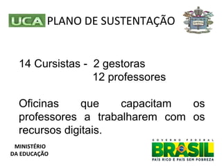 PLANO DE SUSTENTAÇÃO 14 Cursistas -  2 gestoras 12 professores Oficinas que capacitam os professores a trabalharem com os recursos digitais. MINISTÉRIO DA EDUCAÇÃO 