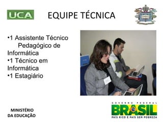 EQUIPE TÉCNICA 1 Assistente Técnico  Pedagógico de Informática 1 Técnico em Informática 1 Estagiário MINISTÉRIO DA EDUCAÇÃO 