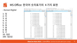 MS Office 한국어 숫자표기의 4 가지 표현
- Korean Digital
1: 일
2: 이
3: 삼
4: 사
5: 오
6: 육
7: 칠
8: 팔
9: 구
10: 일공
100: 일공공
22
UbuCon Asia 2022 | LibreOffice 한국커뮤니티의 현재 상황과 앞으로 나아갈길
 