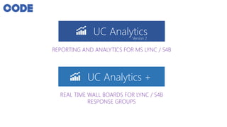 UC Analytics
Voice | Video | IM | Conference |
File Transfer | App Sharing
REPORTING AND ANALYTICS FOR MS LYNC / S4B
UC Analytics +
Real –Time
Presence | Lync RGS | Inbound Call Handling
REAL TIME WALL BOARDS FOR LYNC / S4B
RESPONSE GROUPS
Version 2
 