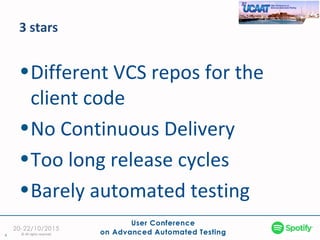 3 stars
4
•Different VCS repos for the
client code
•No Continuous Delivery
•Too long release cycles
•Barely automated testing
© All rights reserved
 