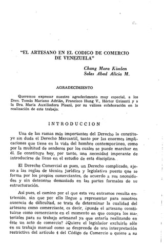 El Artesano en el Codigo de Comercio de Venezuela / Chang Mora Kimlen y Salas Abad Alicia M.