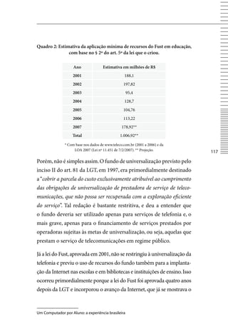 Quadro 2: Estimativa da aplicação mínima de recursos do Fust em educação,
               com base no § 2º do art. 5º da lei que o criou.

                    Ano               Estimativa em milhões de R$
                   2001                            188,1
                   2002                           197,82
                   2003                             95,4
                   2004                            128,7
                   2005                           104,76
                   2006                           113,22
                   2007                          178,92**
                   Total                        1.006,92**

               * Com base nos dados de www.teleco.com.br (2001 a 2006) e da
                    LOA 2007 (Lei nº 11.451 de 7/2/2007). ** Projeção.        117

Porém, não é simples assim. O fundo de universalização previsto pelo
inciso II do art. 81 da LGT, em 1997, era primordialmente destinado
a “cobrir a parcela do custo exclusivamente atribuível ao cumprimento
das obrigações de universalização de prestadora de serviço de teleco-
municações, que não possa ser recuperada com a exploração eficiente
do serviço”. Tal redação é bastante restritiva, e deu a entender que
o fundo deveria ser utilizado apenas para serviços de telefonia e, o
mais grave, apenas para o financiamento de serviços prestados por
operadoras sujeitas às metas de universalização, ou seja, aquelas que
prestam o serviço de telecomunicações em regime público.

Já a lei do Fust, aprovada em 2001, não se restringiu à universalização da
telefonia e previu o uso de recursos do fundo também para a implanta-
ção da Internet nas escolas e em bibliotecas e instituições de ensino. Isso
ocorreu primordialmente porque a lei do Fust foi aprovada quatro anos
depois da LGT e incorporou o avanço da Internet, que já se mostrava o



Um Computador por Aluno: a experiência brasileira
 