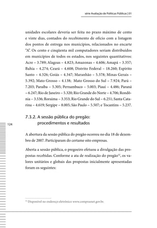 série Avaliação de Políticas Públicas | 01




      unidades escolares deveria ser feita no prazo máximo de cento
      e vinte dias, contados do recebimento de ofício com a listagem
      dos pontos de entrega nos municípios, relacionados no encarte
      “A”. Os cento e cinqüenta mil computadores seriam distribuídos
      em municípios de todos os estados, nos seguintes quantitativos:
      Acre – 3.789; Alagoas – 4.823; Amazonas – 4.606; Amapá – 3.357;
      Bahia – 4.274; Ceará – 4.608; Distrito Federal – 18.260; Espírito
      Santo – 4.326; Goiás – 4.347; Maranhão – 5.378; Minas Gerais –
      5.392; Mato Grosso – 4.138; Mato Grosso do Sul – 7.924; Pará –
      7.203; Paraíba – 5.305; Pernambuco – 5.003; Piauí – 4.486; Paraná
      – 6.247; Rio de Janeiro – 5.320; Rio Grande do Norte – 4.706; Rondô-
      nia – 3.536; Roraima – 3.353; Rio Grande do Sul – 6.251; Santa Cata-
      rina – 4.619; Sergipe – 8.005; São Paulo – 5.507; e Tocantins – 5.237.


      7.3.2. A sessão pública do pregão:
124          procedimentos e resultados

      A abertura da sessão pública do pregão ocorreu no dia 18 de dezem-
      bro de 2007. Participaram do certame oito empresas.

      Aberta a sessão pública, o pregoeiro efetuou a divulgação das pro-
      postas recebidas. Conforme a ata de realização do pregão52, os va-
      lores unitários e globais das propostas inicialmente apresentadas
      foram os seguintes:




      52
           Disponível no endereço eletrônico www.comprasnet.gov.br.
 