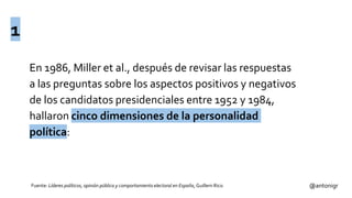 En 1986, Miller et al., después de revisar las respuestas
a las preguntas sobre los aspectos positivos y negativos
de los candidatos presidenciales entre 1952 y 1984,
hallaron cinco dimensiones de la personalidad
política:
@antonigrFuente: Líderes políticos, opinión pública y comportamiento electoral en España, Guillem Rico
1
 
