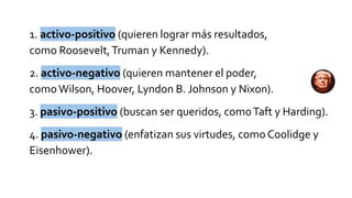 1. activo-positivo (quieren lograr más resultados,
como Roosevelt,Truman y Kennedy).
2. activo-negativo (quieren mantener el poder,
comoWilson, Hoover, Lyndon B. Johnson y Nixon).
3. pasivo-positivo (buscan ser queridos, comoTaft y Harding).
4. pasivo-negativo (enfatizan sus virtudes, como Coolidge y
Eisenhower).
 
