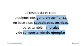 @antonigrFuente:Votar personalidades
La respuesta es clara:
a quienes nos generen confianza,
en base a sus capacidades técnicas,
pero, también, morales
y de comportamiento ejemplar.
 